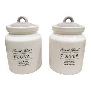 Βάζα κεραμικά για Καφέ και Ζάχαρη "Finest Blend" λευκά με γκρί καπάκια (σετ 2 τεμαχίων) 12x12x19 JW193200