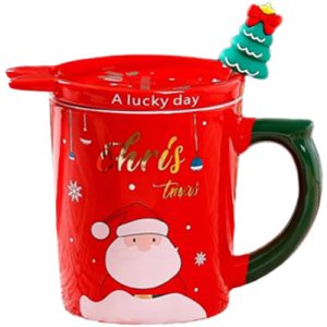 Κόκκινη Χριστουγεννιάτικη κεραμική κούπα "Santa" 380ml με καπάκι και κουταλάκι DF-910B
