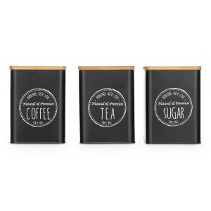 Δοχείο αποθ. κουζίνας μεταλ.μαύρο/bamboo καπάκι/3σχέδια 10x10x13