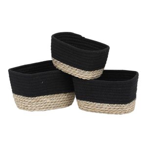 Καλάθι ψάθινο με βαμβ.Tahitian μαύρο σ/3 (23Χ15Χ13