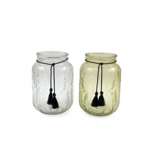 Κηροπήγιο γυάλινο με φούντες/2χρώματα Φ12x16cm 014.OR6429