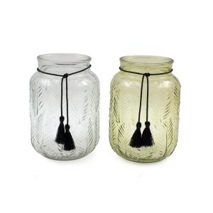 Κηροπήγιο γυάλινο με φούντες/2χρώματα Φ14