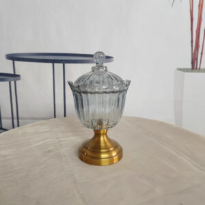 Διακοσμητική Γυάλινη Φοντανιέρα Με Γυάλινο Καπάκι Και Αντικέ Χρυσό Πόδι 27x15cm - Box In Θεσσαλονίκη - 25ης Μαρτίου 111