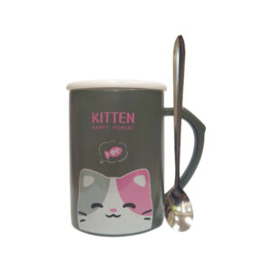 Κεραμική κούπα "Kitten" σε γκρί χρώμα με καπάκι και inox πρωτότυπο κουταλάκι 420ml Etoile  LM-646A - Box In Θεσσαλονίκη - 25ης Μαρτίου 111