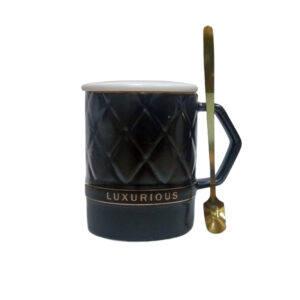 Ανάγλυφη Κεραμική κούπα "Luxurious" σε μαύρο / χρυσό χρώμα και καπάκι συν χρυσό πρωτότυπο κουταλάκι 400ml Etoile LM-629A - Box In Θεσσαλονίκη - 25ης Μαρτίου 111