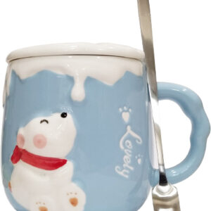 Κεραμική Koύπα με καπάκι και κουταλάκι Pollar Bear σε γαλάζιο χρώμα 10Χ8