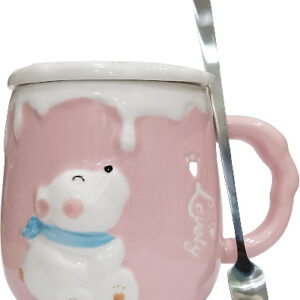 Κεραμική Koύπα με καπάκι και κουταλάκι Pollar Bear σε ροζ χρώμα 10Χ8