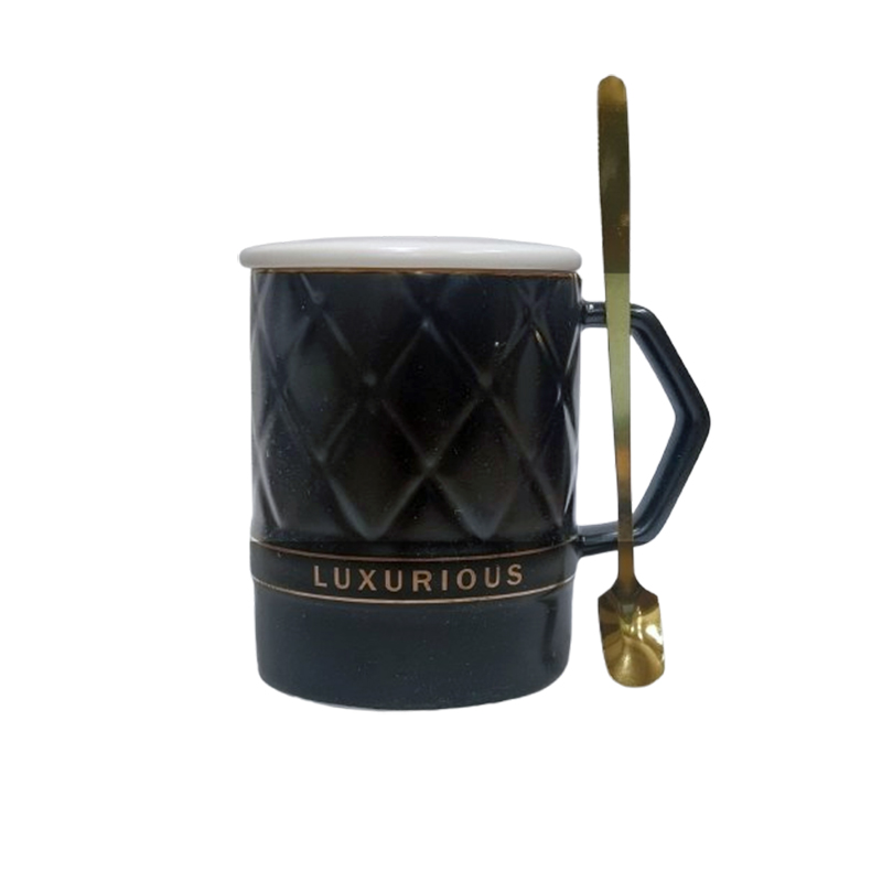 Ανάγλυφη Κεραμική κούπα "Luxurious" σε μαύρο / χρυσό χρώμα και καπάκι συν χρυσό πρωτότυπο κουταλάκι 400ml Etoile LM-629A - Box In Θεσσαλονίκη - 25ης Μαρτίου 111