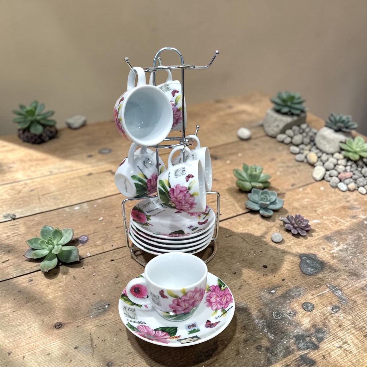 Σετ 6 Φλυτζάνια Καφέ Πορσελάνης "Cottage Garden" με Chrome Βάση 110ml | R10057-192 - Box In Θεσσαλονίκη - 25ης Μαρτίου 111